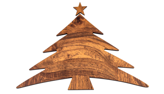 a wooden Christmas tree beautiful made of wood, isolated on transparent background.