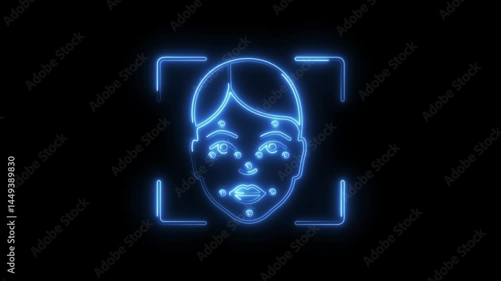 Poster glowing face scan futuristic biometric identification technology animation of neon facial recognitio