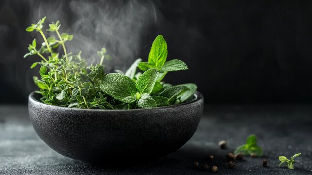 Fresh aromatic herbs steaming in dark bowl green thyme mint leaves cooking ingredient food photography diet life black plant spice - Powered by Adobe