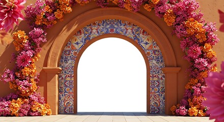 Archway Decorated with Colorful Flowers and Tiles for Wedding Backdrop