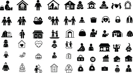 homelessness icons, social aid icons, charity vector,