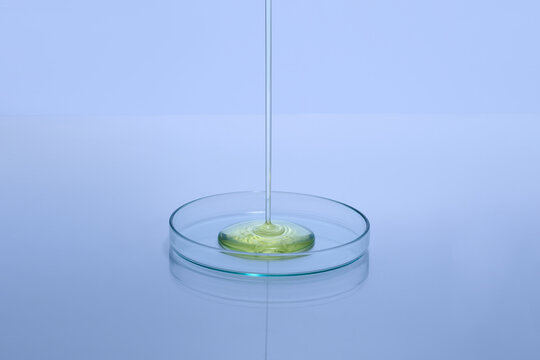 Transparent Liquid Pouring Into a Glass Petri Dish