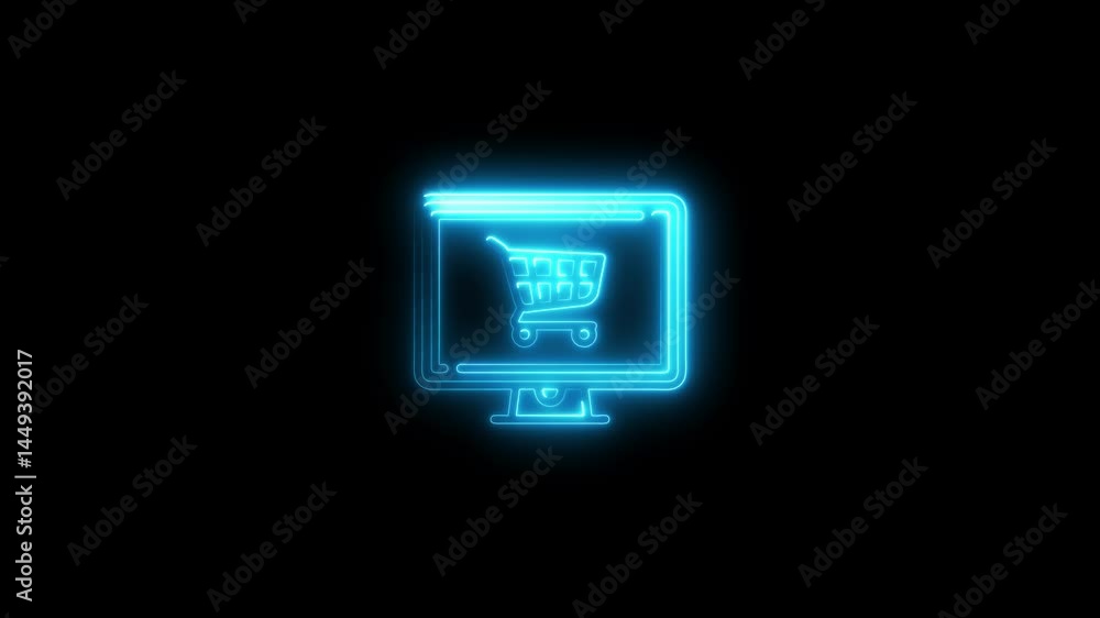 Poster animated neon graphic of online shopping cart symbol displayed on a computer screen