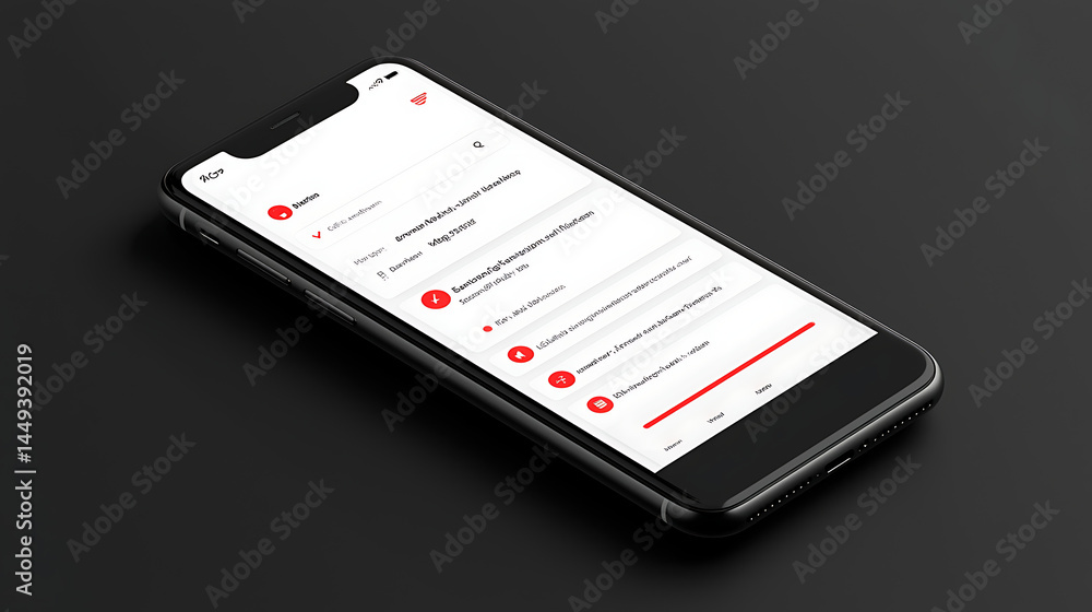 Poster a black cell phone with a red and white screen showing a list of apps