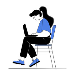 Woman Laptop Computer Work Freelance Remote Office Desk Illustration Typing Study Student Online Internet Workspace Character side view of woman working remotely on laptop in modern flat style.