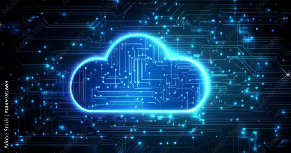 Poster cloud symbol with a circuit board background. digital connectivity and technology. database storage 