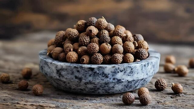 Whole allspice berries in stone mortar