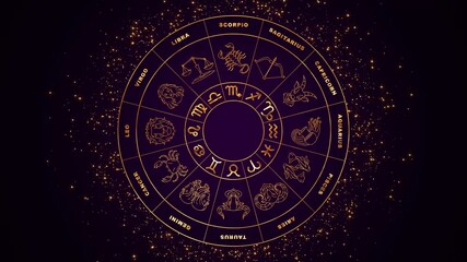 zodiac signs wheel with golden stars astrology animation on dark purple back, shiny glitter particles horoscope motion background - Powered by Adobe