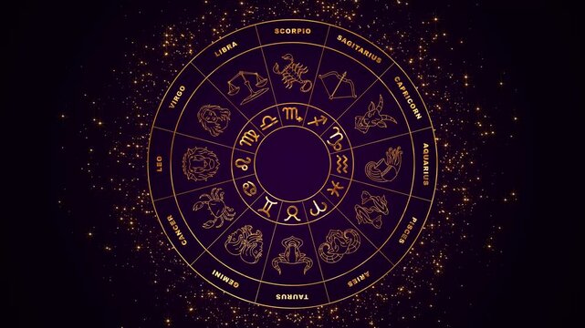zodiac signs wheel with golden stars astrology animation on dark purple back, shiny glitter particles horoscope motion background