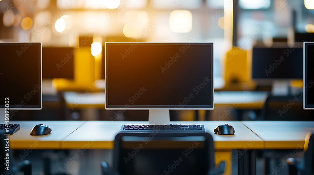 Poster a computer monitor sits on a desk in a room with other monitors