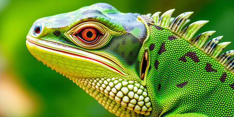 a green iguana, showcasing its detailed features. The iguana's skin is a vibrant green with patches of darker green and brown, providing a textured appearance