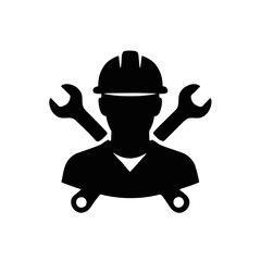 Silhouette Repairman Logo With a Helmet and Crossed Wrenches, Vector Illustration of a Man with Helmet