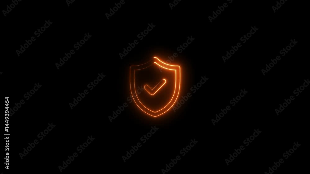 Poster glowing animated shield with checkmark on a black background represents security