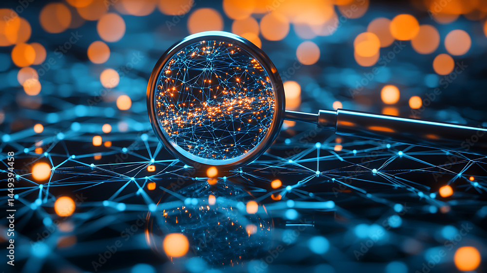 Aufkleber a magnifying glass is on a computer screen with a network of dots