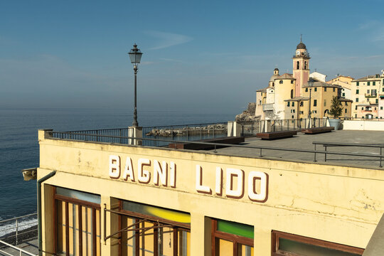 Historic seaside village with Bagni Lido building in Italy