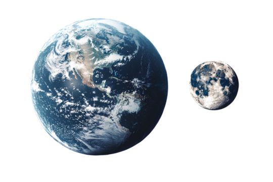 3D rendering of the Earth and Moon with text "Ixon Pluto" on a transparent background PNG