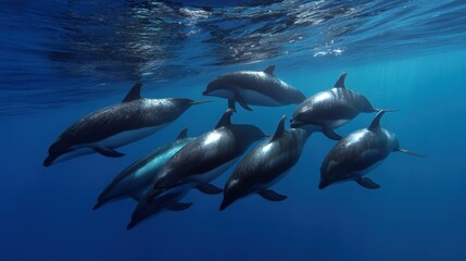 Obraz premium Dolphins in Blue: A Pod Swimming Together