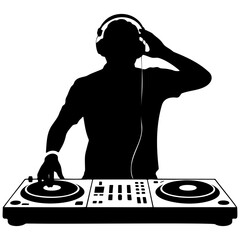 Silhouette of a cartoon woman DJ with headphones at a disco party mixing music, an illustration of sound and fun