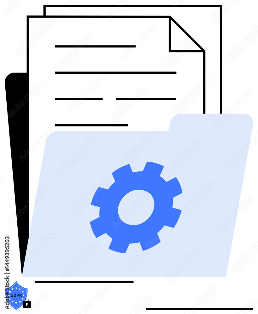 Poster folder with gear icon signifying automation and efficiency, layered with papers and a security shiel