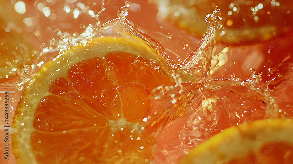 Poster a close up of a splash of orange juice with a few slices of orange in it