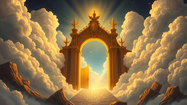 The golden gate in the clouds at the entrance to the kingdom of heaven and the righteous near the gate. Ravenwood. Illustration
