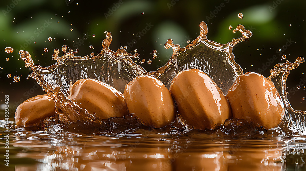 Poster a group of chocolate covered nuts are floating in a pool of water