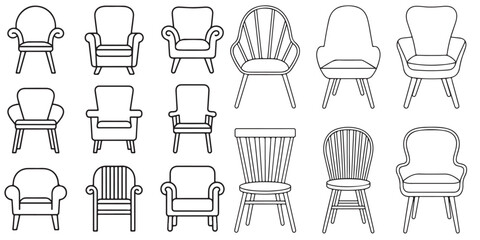 set vector various chair silhouettes, Chairs silhouettes collection, outline coloring book page line art vector silhouettes
