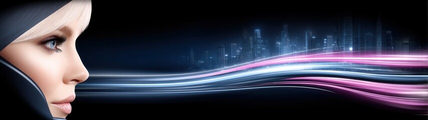 Obraz premium Urban Dreamer in Double Exposure Side Profile with Futuristic Vibe and Abstract Light Trails Representing Dreams and Aspirations in a Modern Cityscape
