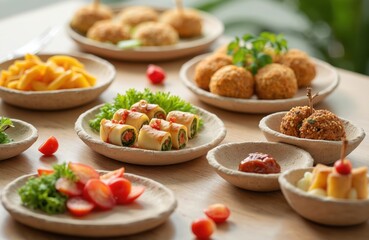 Delicious catering food set. Healthy finger food assortment includes appetizers vegetables cheese rolls balls. Tasty snacks for buffet, lunch party. Eco friendly plates, light wooden table.
