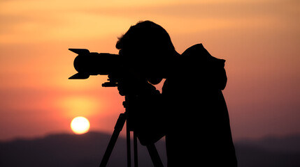 Silhouette of a photographer capturing the sunset with a camera on a tripod