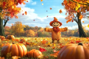 A cheerful scarecrow stands amidst a vibrant autumn landscape filled with colorful falling leaves and pumpkins, capturing the essence of harvest season in a serene countryside setting