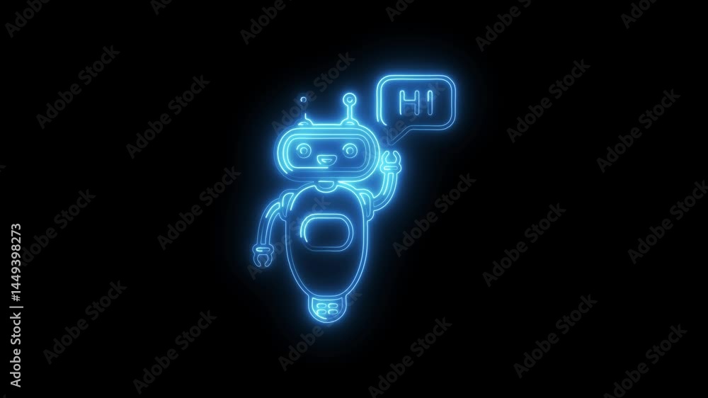 Poster animated neon robot waving with speech bubble on black background