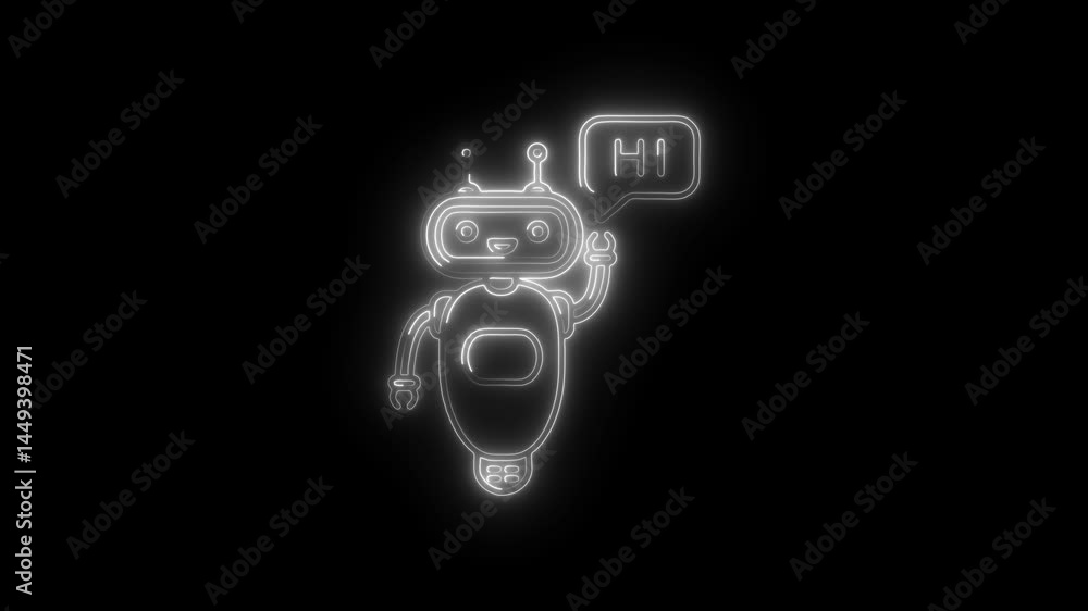 Poster cute neon robot character waving hello animation on black background artificial intelligence concept