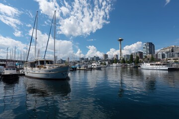Seattle Center Overlooking Lake Union: Sailboats and Yachts at Marina with Downtown Washington Skyline