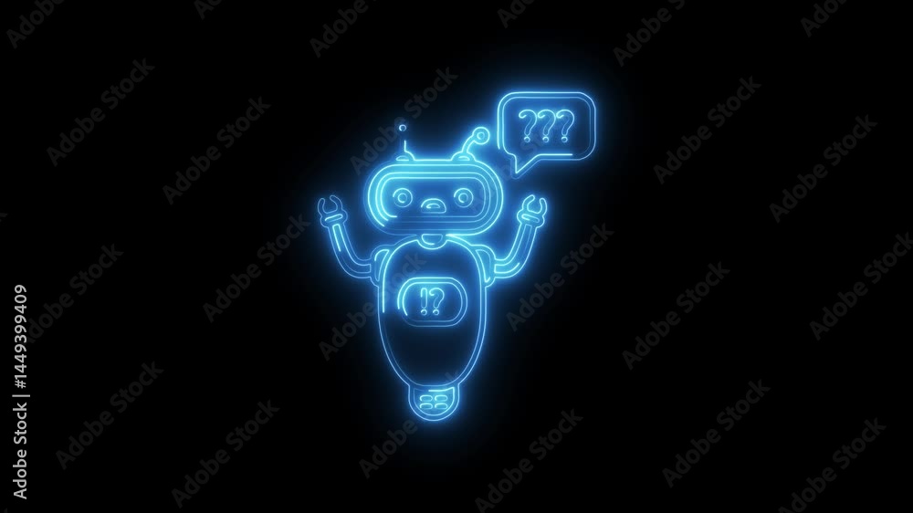 Poster animated confused robot character glowing neon outline on black background concept of ai chatbot que