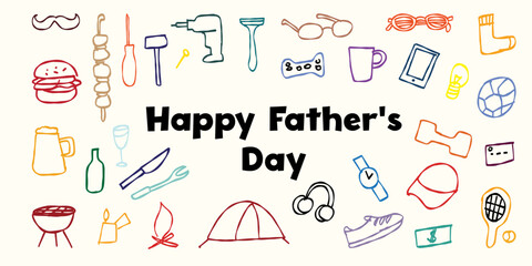 Colorful doodle icons celebrating father s day with tools, sports, and food