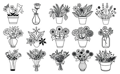 Set of floral line art illustrations featuring various potted flowers in vases, including roses, sunflowers and daisies