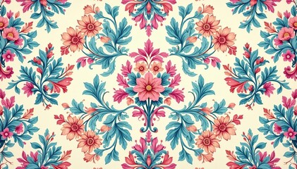 Intricate floral damask pattern in pastel hues, repeat, print, fabric