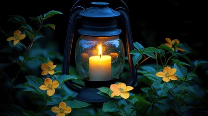 Lit lantern amidst blossoms, evoking serene stillness
