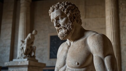 A statue of Phneus, god of heavy speech, spitting stone words that fall upon ancient tablets