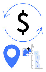 Obraz premium Dollar sign with circular arrows, blue location marker, person measuring with ruler next to risk blocks. Ideal for finance, business, strategy, location, analytics, risk management simple landing