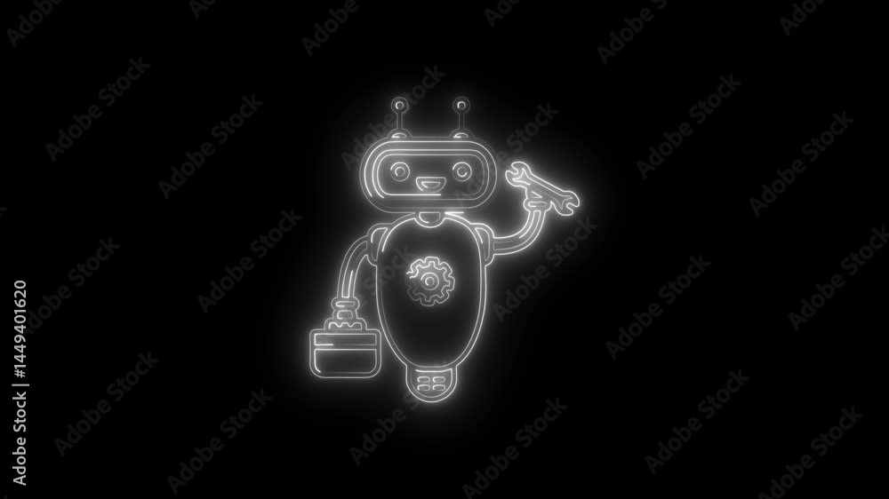 Poster neon outline animation of a friendly robot repairing machines in a futuristic glowing style perfect 