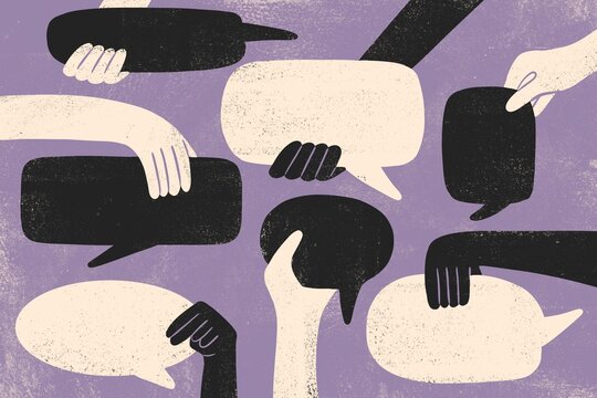 Hands holding thought and speech bubbles