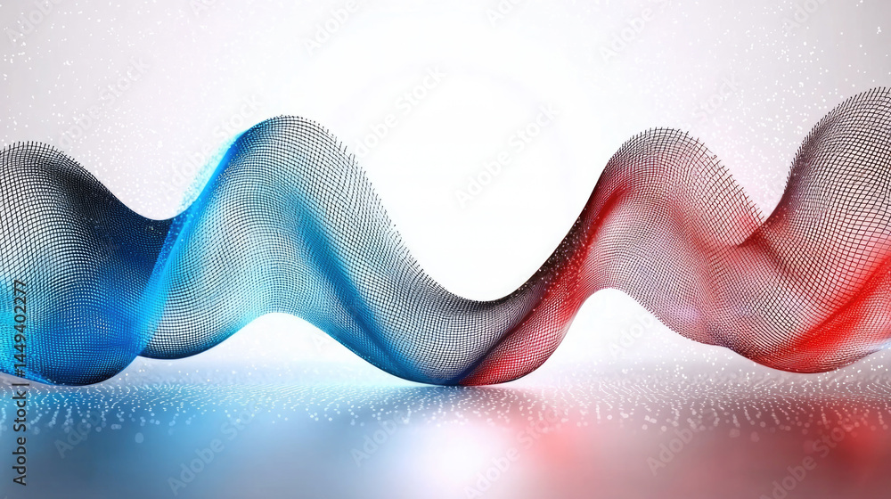 Leinwandbilder Abstract background with flowing blue and red wave, digital mesh pattern, modern technology style, dynamic movement, futuristic and creative energy, white gradient backdrop