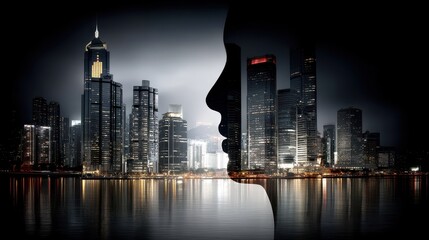 Fototapeta premium Urban Dreamer in Double Exposure: A Stunning Fusion of City Lights Against a Silhouette, Capturing the Energy of Modern Dreams and Endless Possibilities