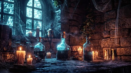 A mystical, dimly lit interior featuring glass potion bottles surrounded by flickering candles, cobwebs, and ancient stone walls, evoking a sense of magic and alchemy