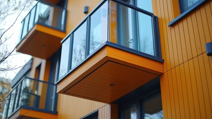 Fototapeta premium Apartments' balconies warm wood, glass railings, and sleek lines