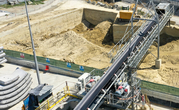 Industrial Sand Excavation at a Quarry Site with Conveyor System