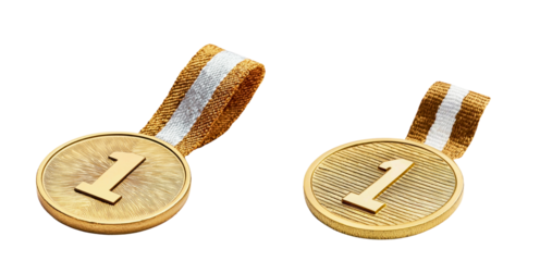 Two gold medals with white and gold ribbons lying on a white background. The medals feature a gold-colored number "1" in the center of each circular medal.  