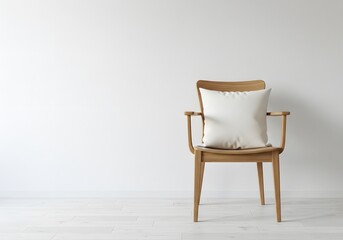 Empty light beige chair with pillow against white wall